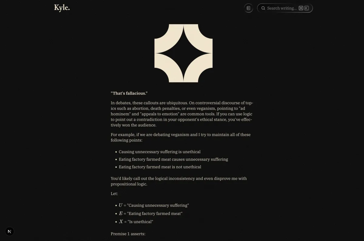Image of a philosophy essay in dark themed website