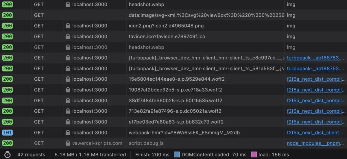 Browser devtools showing 5.18mb/1.16mb